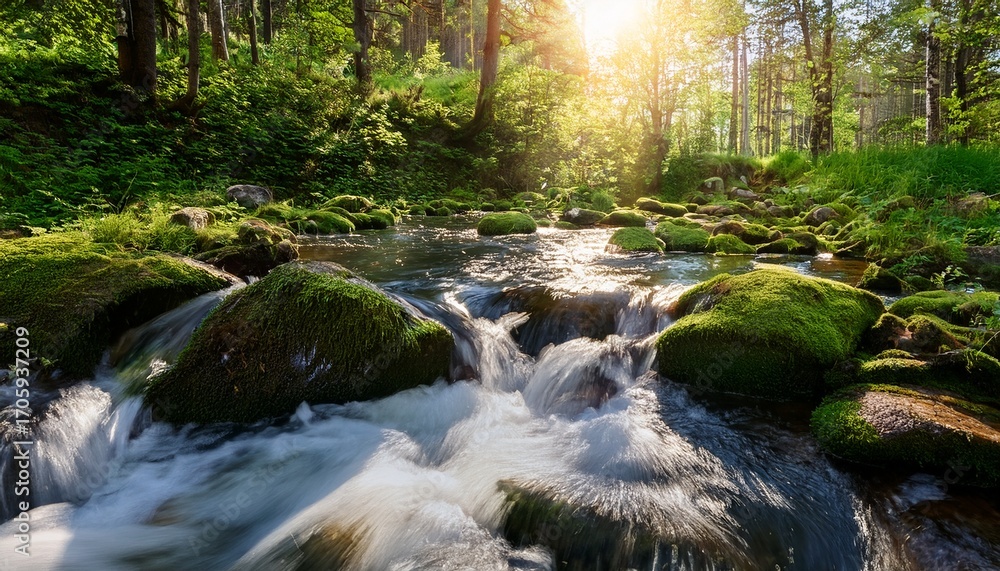 Obraz premium Creek Water Splashing And Flowing Over Rugged Stones Surrounded By Greenery And Natural Forest Light