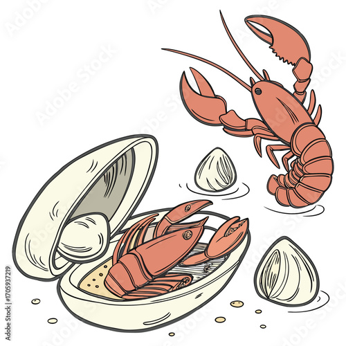 Cartoon Lobster in Oyster Shell with Oysters and Bubbles seafood shellfish