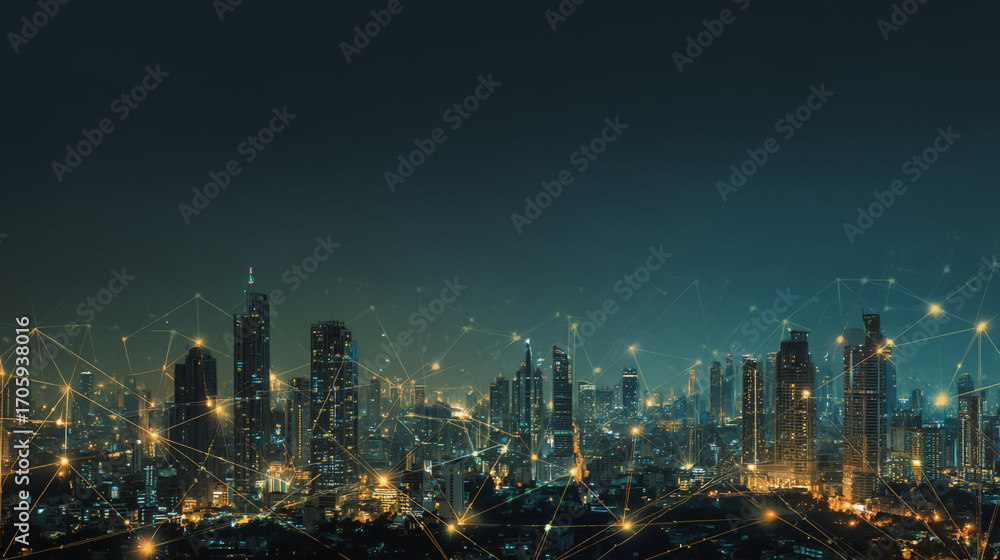 Obraz premium Twilight in the Smart digital Innovation city with connection network reciprocity over the cityscape. of future smart wireless digital city and social media networking systems that connects people