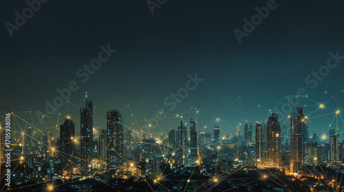 Wallpaper Mural  Twilight in the Smart digital Innovation city with connection network reciprocity over the cityscape. of future smart wireless digital city and social media networking systems that connects people Torontodigital.ca