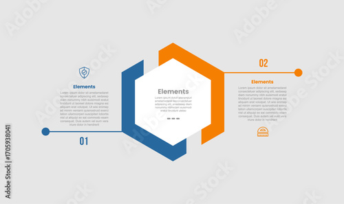 2 elements infographic comparison diagram with hexagon shape with half cut slice background opposite with 2 step for slide presentation