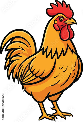 Cartoon Rooster with Orange and Yellow Feathers Standing Sideways Keywords: rooster, chicken, bird, fowl, poultry, farm animal, domestic animal, male chicken, cock, hen, animal, wildlife, nature