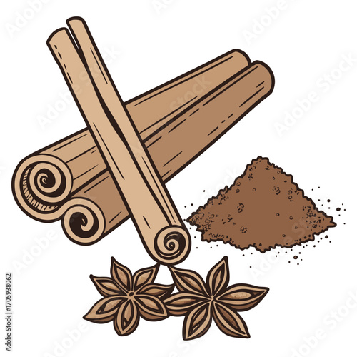 Cinnamon sticks star anise and ground cinnamon pile on white background spice