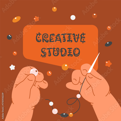 Top view of the beading process, children handmade, art workshop educational courses for kids.