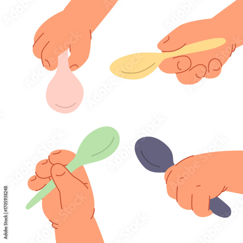 Baby s hands holding spoon. Infant grasping object. Infant physical ability. Manual skill for toddlers. Development milestone. Early childhood development. Isolated vector illustration