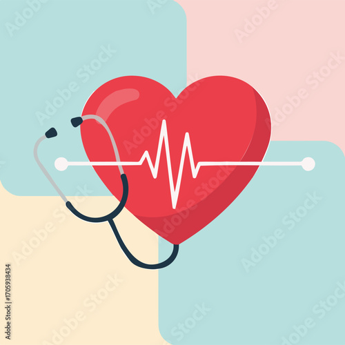 A red heart graphic, symbolizing a healthy heart, is positioned with a stethoscope, representing medical care.  A heart rate waveform is displayed above the heart, signifying a vital sign.