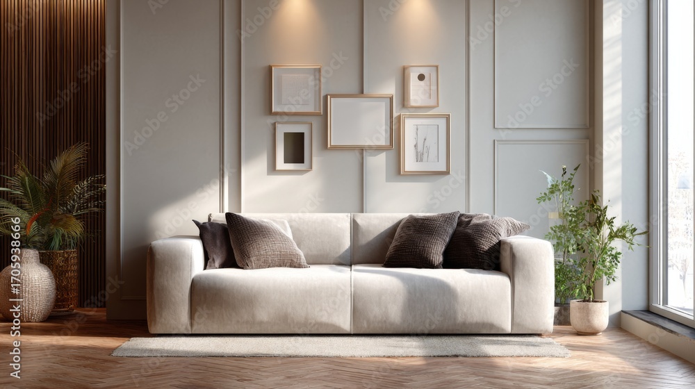 Fototapeta premium Cream sofa with pillows in a living room with frames hanging on the wall and wooden floor
