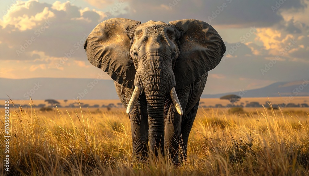Obraz premium Majestic African Elephant in Golden Savanna Sunset.