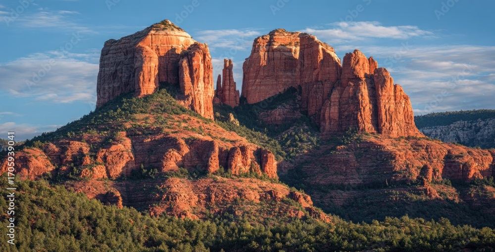Fototapeta premium Striking red rock formations rise from forested slopes beneath a blue sky with soft clouds, creating a dramatic natural landscape scene