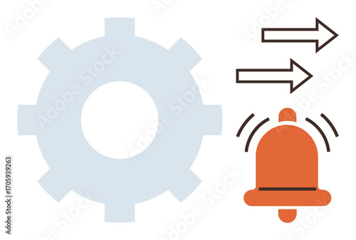 Gear representing process, orange bell for alert, two arrows symbolizing workflow or direction. Ideal for automation, productivity, system integration, notifications, alerts, management simple flat