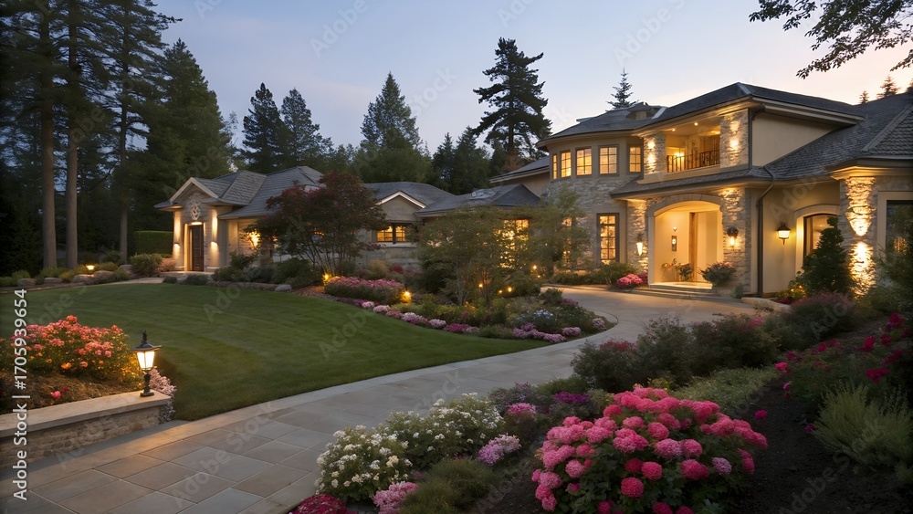 Obraz premium elegant home exterior at twilight with flowers