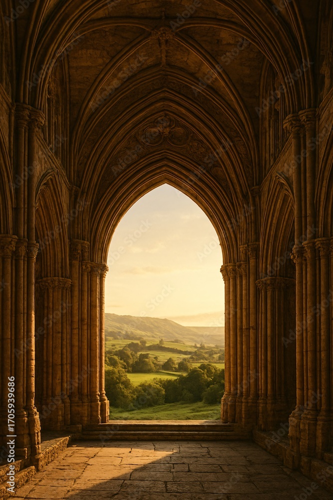 Fototapeta premium Gothic stone archway framing rolling countryside landscape view