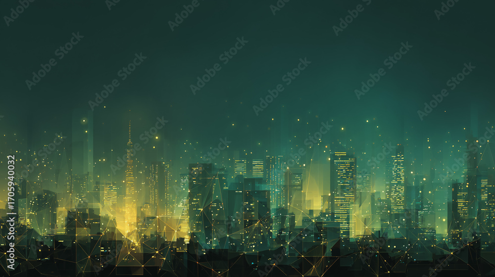 Fototapeta premium Twilight in the Smart digital Innovation city with connection network reciprocity over the cityscape. of future smart wireless digital city and social media networking systems that connects people