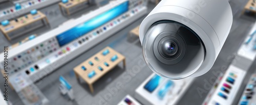 A white security camera dominates the foreground of a retail space, showcasing counters with products, subtly monitored by technology