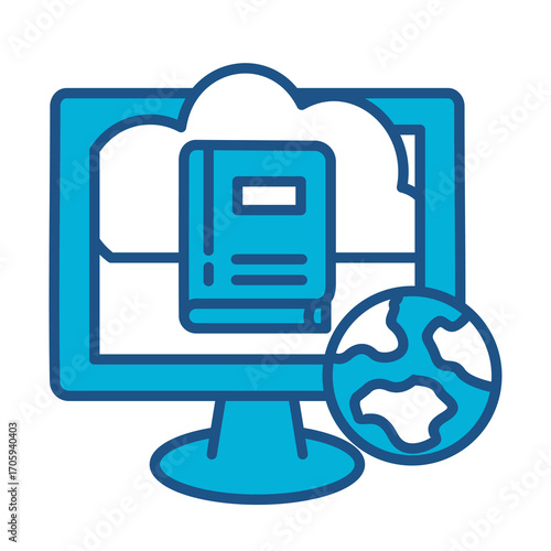 Cloud Library Icon In Blue Monochrome Flat Design, Vector Illustration