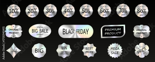 Set of holographic stickers with cone hologram, colored neon stickers. Holographic labels of different colors and shapes, vector, png. Set of signs in a frame for a logo, design.