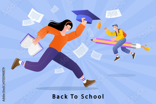 Back to school concept. Happy, energetic students run and fly towards their future. Characters hold a graduation cap, book, and pencil rocket, symbolizing the journey to academic success.
