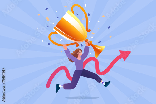 Success and achievement concept. A happy woman runs along a rising arrow graph, holding a giant gold trophy. A champion celebrating a victory and business growth. Vector for a winning journey.