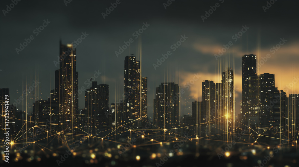 Obraz premium Twilight in the Smart digital Innovation city with connection network reciprocity over the cityscape. of future smart wireless digital city and social media networking systems that connects people