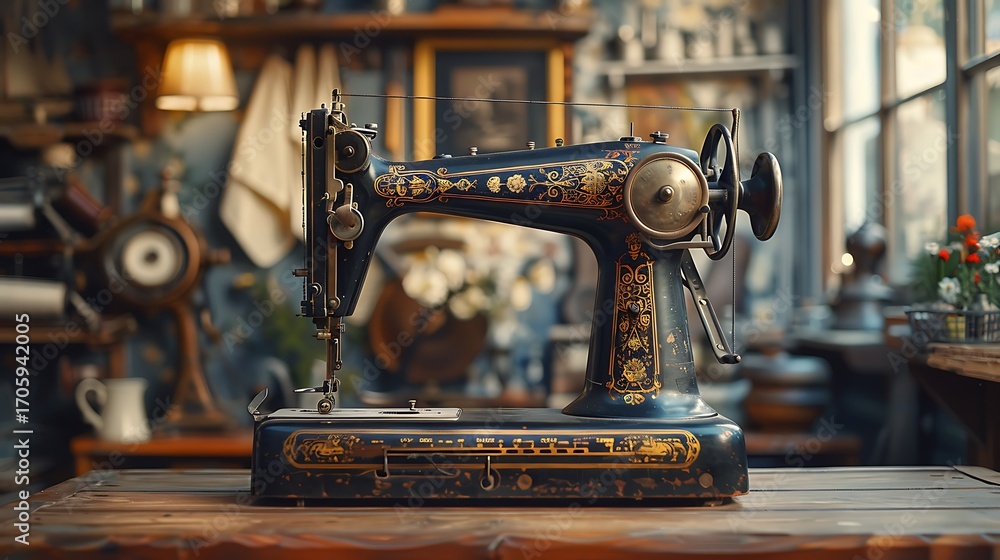 Fototapeta premium Antique Sewing Machine with Vintage Shop.