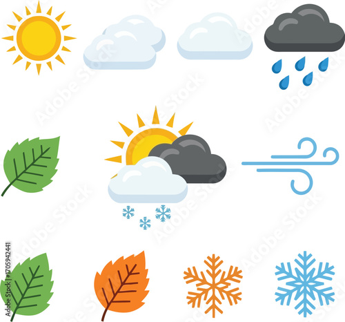 Set of weather icons including sun clouds rain snow wind and seasonal leaves vector illustration