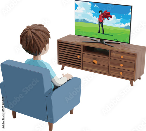 3D cartoon person watching TV, leisure activity illustration, blue armchair, superhero animation, home entertainment setup, relaxing scene, digital artwork