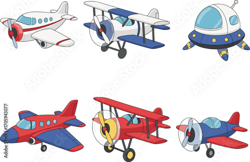 Cartoon airplane, biplane, jet, spaceship, flying vehicle, aviation clipart, kids transport, colorful aircraft, vector icon, sky travel, propeller plane, fantasy flight, children 