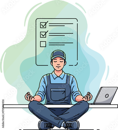 Technician Meditating at Desk with Laptop and Checklist in Background Keywords: technician, worker, man, meditation, yoga, zen, calm, peaceful, desk, laptop, computer, checklist, to-do list, tasks