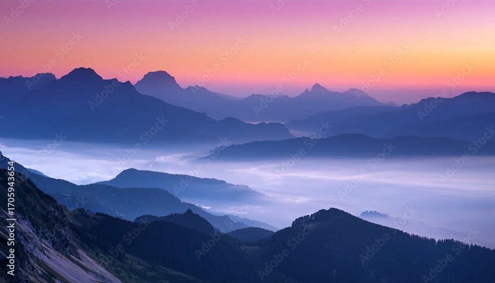 Fototapeta premium Breathtaking Mountain Landscape At Dawn Featuring Layered Peaks Shrouded In Mist With Soft Purple And Pink Sky Illuminating Scene Tranquility Of Nature Evokes Sense Of Peace And Wonder