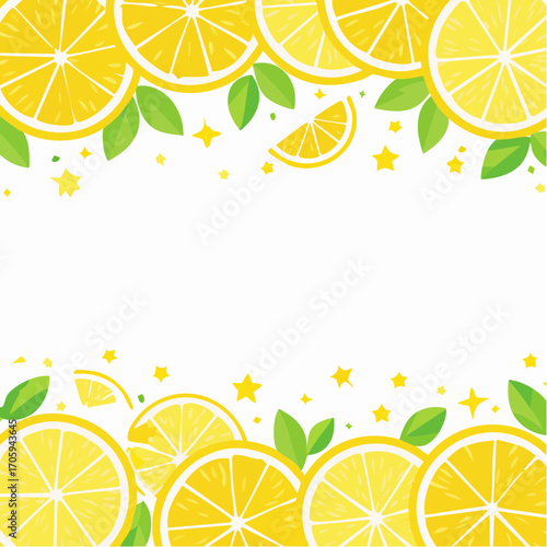 Lemon Slices Frame With Green Leaves and Gold Stars On White Background
