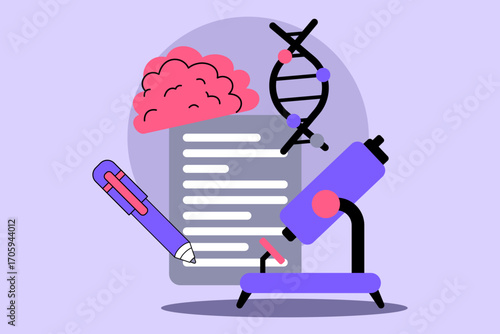 Various educational tools, including microscope, DNA model, brain illustration, and paper with notes. Science and learning in education concept