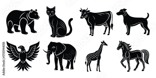 Art of silhouette of a bear, cat, cow, dog, eagle, elephant, giraffe, and horse great for logos
