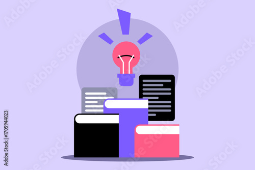 Books stacked together with light bulb above, symbolizing creativity and knowledge. Learning and importance of education in personal growth concept
