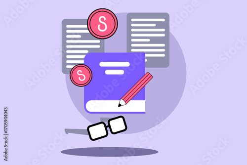 Purple book on colorful background surrounded by coins and papers. Glasses and pencil nearby symbolizing study and financial literacy in education