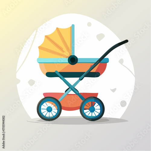Empty Orange And Blue Baby Stroller On Gray Gradient Background