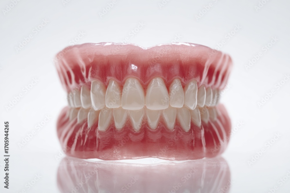 Obraz premium Dentures in close-up show white teeth and pink gums. Shot on white background providing bright, even lighting. Full arch, set on reflective surface