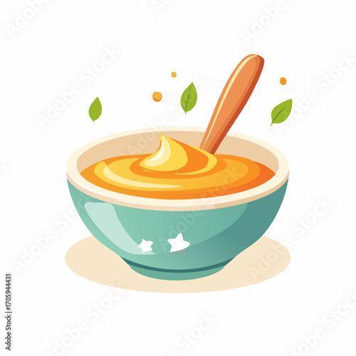 Bowl Of Swirled Creamy Orange Baby Food With Wooden Spoon And Green Leaves