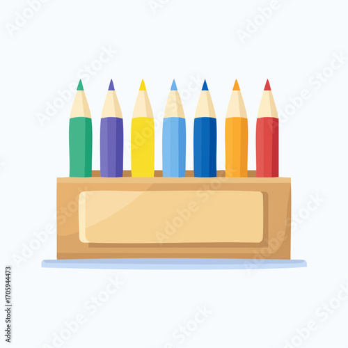 Seven Colorful Pencils In Wooden Holder On Light Blue Surface