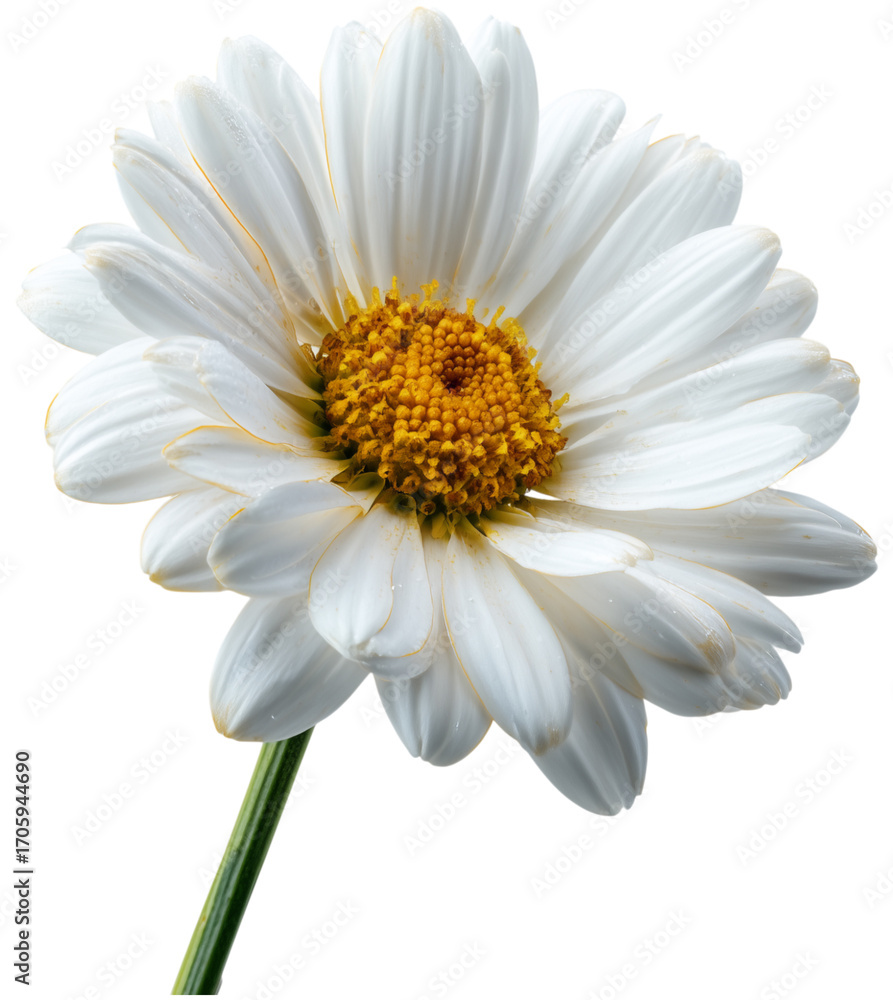 Naklejka premium Detailed photograph capturing a pristine white daisy with a vibrant yellow center isolated on transparent background. PNG, , showcasing the delicate beauty of nature's flora in crisp, focused clarity.