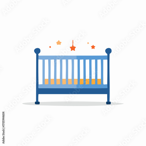 Blue Baby Crib With Orange Mattress and Hanging Stars