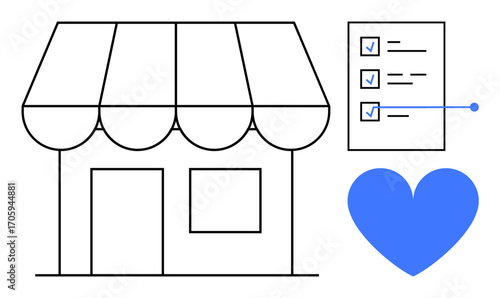 Brick-and-mortar store icon with checklist and heart representing local business, organization, checklist management, customer loyalty, quality, trust, and a simple landing page