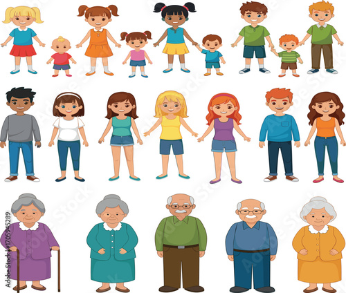 Cartoon family generations, children, teens, adults, elderly characters, vector illustration, age stages, life cycle, people icons, cute design, diverse outfits, 