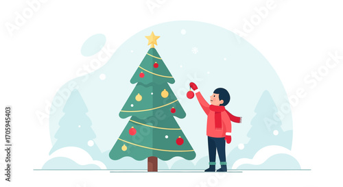 Illustration of a boy decorating a Christmas tree in a snowy winter landscape scene full of joy