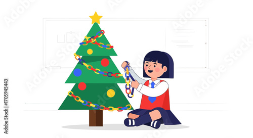 Illustration of a cheerful schoolgirl decorating a Christmas tree in classroom during holiday season
