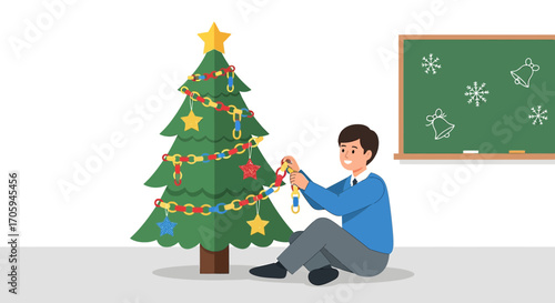 Illustration of a student decorating a christmas tree in a classroom setting for the holidays