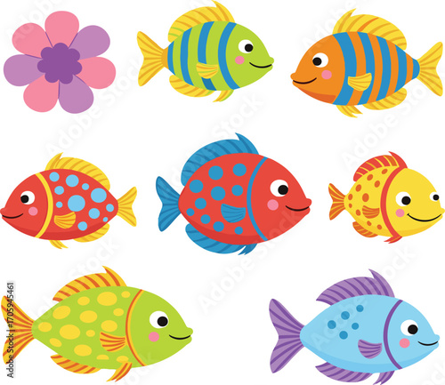 Cartoon fish, colorful sea animals, aquatic illustration, underwater creatures, vector clipart, ocean theme, cute design, flower accent, marine life, fish grid, playful artwork, tropical fish, 