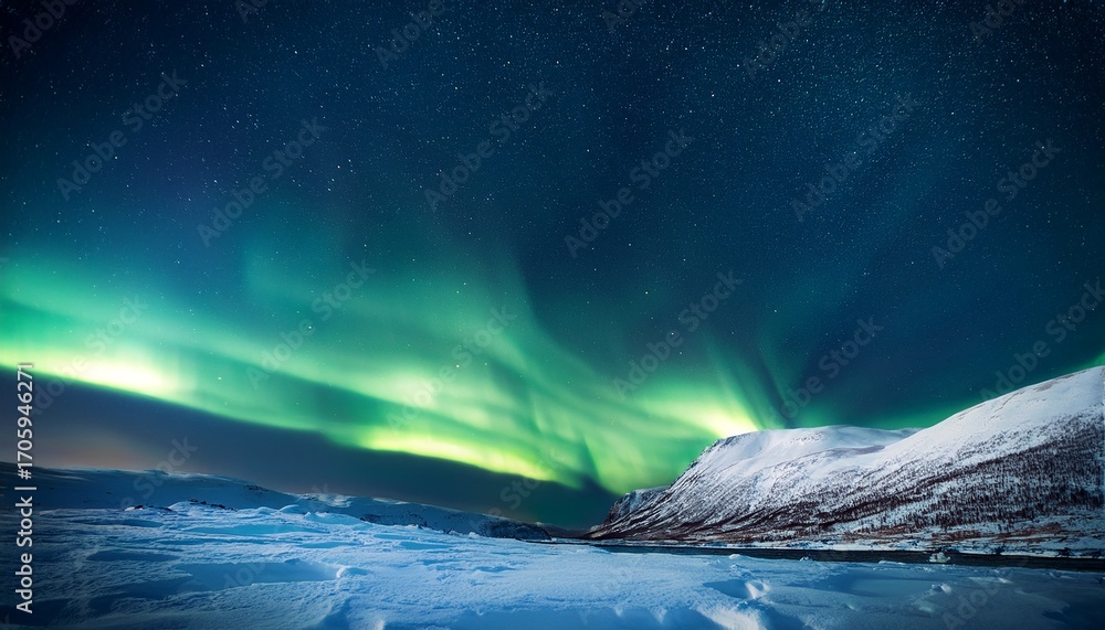 Fototapeta premium Aurora Borealis In Night Winter Sky Sky With Polar Lights And Stars Waves Of Green Northern Lights In Earth Atmosphere