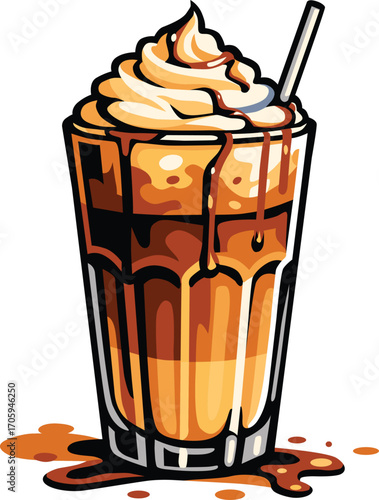 Iced coffee with whipped cream and caramel topping in a tall glass. Editable EPS file suitable for café branding, menu decoration, beverage promotion, and food projects.