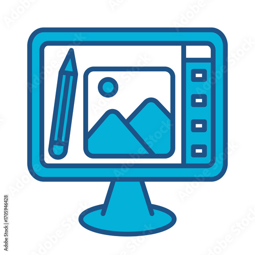 Digital Art Icon In Blue Monochrome Flat Design, Vector Illustration