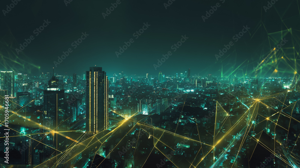 Fototapeta premium Twilight in the Smart digital Innovation city with connection network reciprocity over the cityscape. of future smart wireless digital city and social media networking systems that connects people